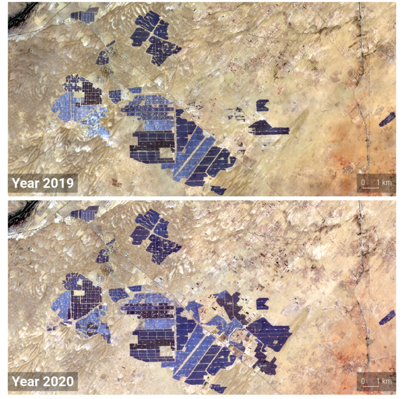 Satelliittikuvia Bhadla Solar Park-voimalan (Rajasthan, Intia) rakentumisesta.